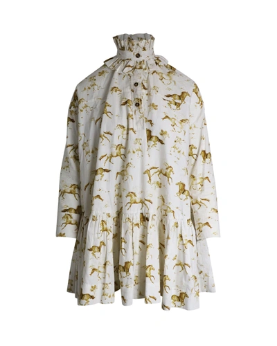 Ganni Ruffle-neck Horse-print Dress In White Organic-cotton