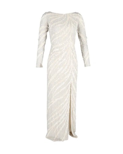 Jenny Packham Long Sleeve Gown In Cream Sequined Polyester In White