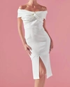 LENA KNOT FRONT OFF THE SHOULDER MIDI DRESS IN WHITE