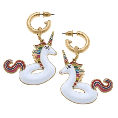 Canvas Style Women's Unicorn Pool Float Enamel Earrings In White Multi In Silver