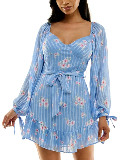B Darlin Juniors Womens Floral A-lne Mini Dress In Blue