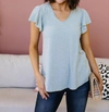 Ces Femme Slub Knit Flutter Sleeve Top In Dusty Mint In Blue