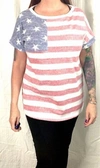 E. LUNA 4TH OF JULY AMERICAN FLAG PRINT MIXED ROUND NECK SHORT SLEEVE TOP - MADE IN U. S.A. IN RED, WHITE & 