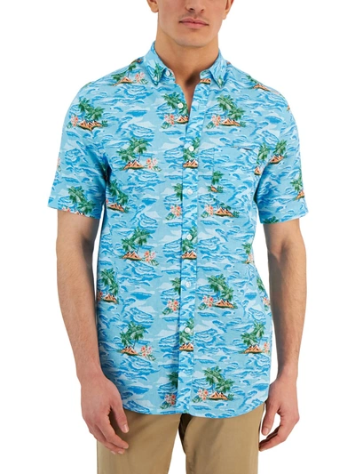 Club Room Mens Linen Blend Printed Hawaiian Print Shirt In Blue