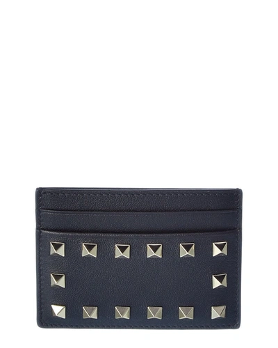 Valentino Garavani Rockstud Leather Card Holder In Blue