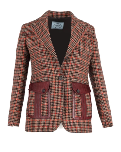 Prada Leather-trimmed Checked Blazer In Brown Wool-blend Tweed
