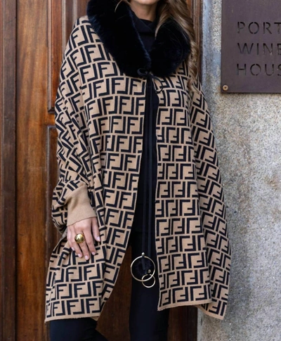 Frank Lyman Camel/black Knit Poncho In Camel / Black In Grey