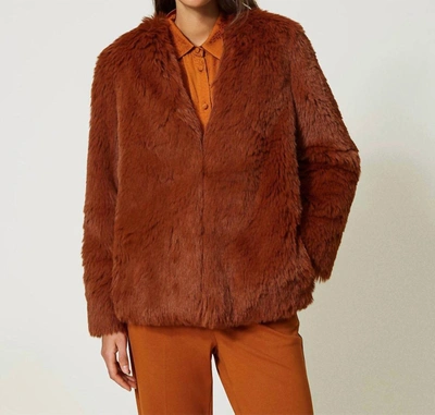 Twinset Faux Fur Jacket In Leather Brown