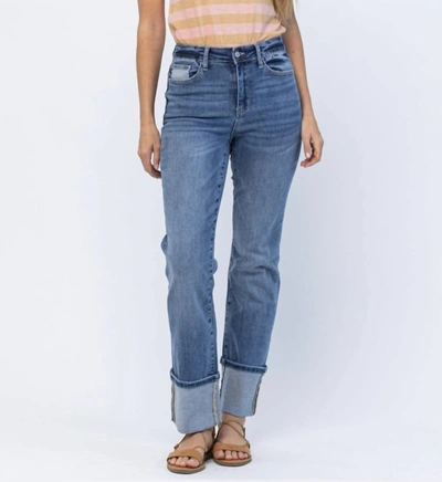 Judy Blue High Rise Straight Leg With Wide Cuff Jeans In Medium Wash In Blue
