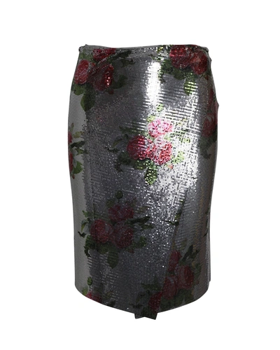 Paco Rabanne Floral-print Mesh Wrap-skirt In Silver Aluminum