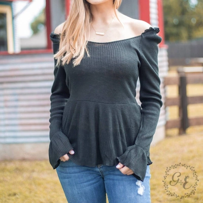 Southern Grace How 'bout Those Ruffles Long Sleeve With Neck Line Ruffles Top In Black In Grey