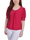 Ny Collection Plus Size Short Sleeve Balloon Sleeve Top With Hardware In Pink