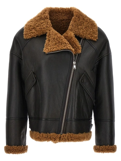 Yves Salomon Leather Sheepskin Jacket In Braun
