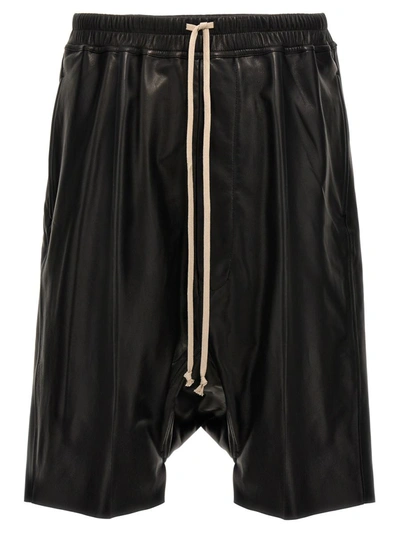 Rick Owens Men's Peached Leather Drawstring Pod Shorts In Black