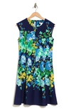 London Times Plus Size Split-neck Floral-print Fit & Flare Dress In Navy/ Blue