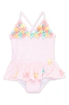 Little Me Baby Girls Floral-trim Striped One-piece Swimsuit In Pink