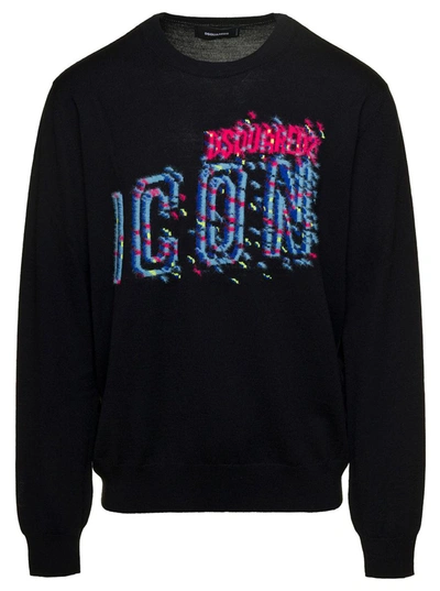 Dsquared2 Black Crewneck Sweatshirt With 'd-squared2 Icon' Print In Cotton Man