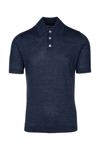 Brunello Cucinelli Linen And Cotton Knit Polo Shirt In Blue