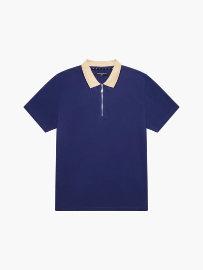 French Connection Elastane Half Zip Pique Polo Shirt Navy + Stone In Blue