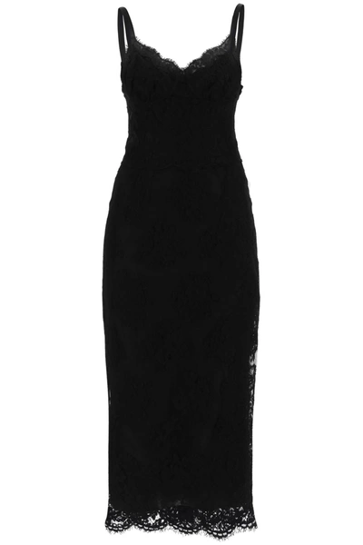 Dolce & Gabbana Abito Midi In Pizzo Con Spacco In Black
