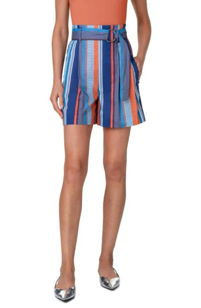 Akris Punto Fiorelina Stripe Belted Cotton Popeline Shorts In Denim-multicolor