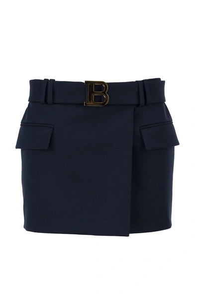 BALMAIN BALMAIN SHORT BLUE WOOL LOW-RISE SKIRT