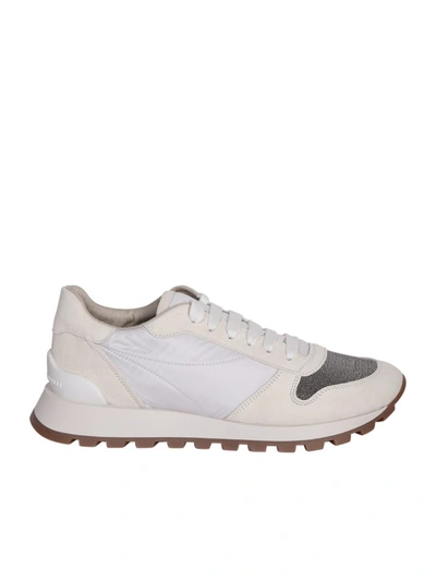 Brunello Cucinelli Bead-embellished Nylon And Suede Sneakers In White