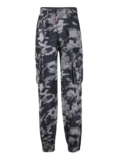 Dsquared2 Camouflage Printed Wide Leg Cargo Pants In Grey