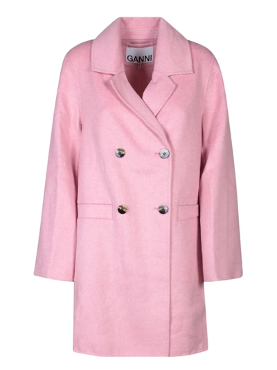 Ganni Double Breasted Oversize Coat In Pink