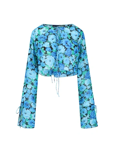 Rotate Birger Christensen Floral-print Cropped Blouse In Blue