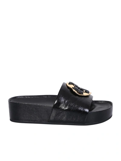 Tory Burch Slide Woven In Black Leather In Grey