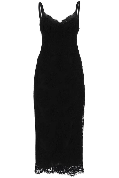 Dolce & Gabbana Abito Midi In Pizzo Con Spacco In Black