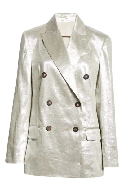 Brunello Cucinelli Metallic Linen Double-breasted Blazer Jacket In C281 Silver