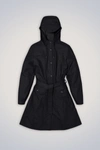 Rains Curve Belted Trench Coat With Drawstring Hood In Black