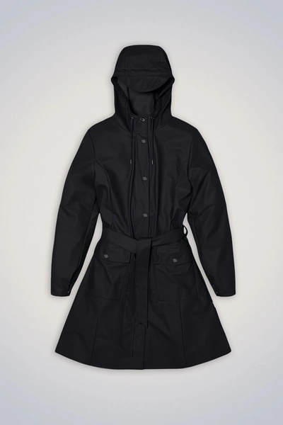Rains Curve Belted Trench Coat With Drawstring Hood In Black