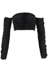 Rotate Birger Christensen Rotate Ruched Off Shoulder Cropped Top In Black