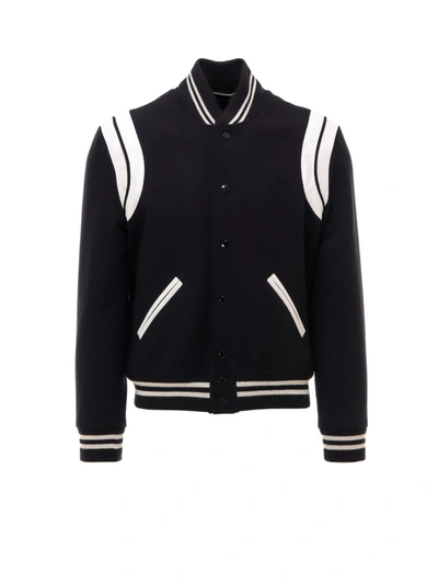 Saint Laurent Wool Blend Bomber Jacket In Black/white