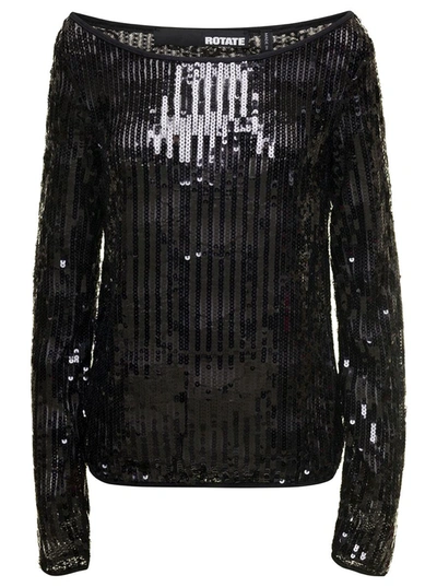 Rotate Birger Christensen Sequin Off-shoulder Top In Black