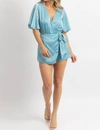 Day + Moon Satin Wrap Romper In Ocean Green In Multi