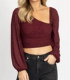 Endless Blu. Dotted Asymmetric Ruched Top In Cabernet In Red