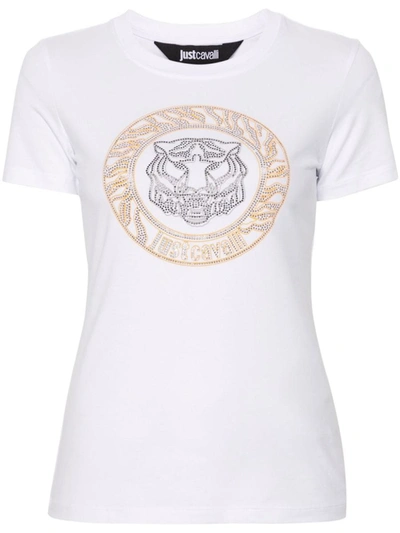 Just Cavalli Tiger Head Studded Cotton T-shirt In White