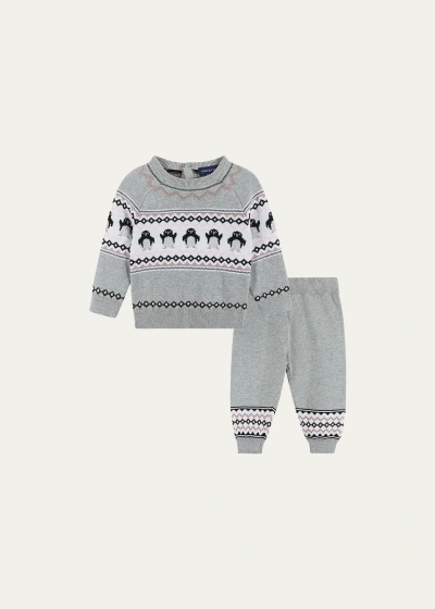 Andy & Evan Kids' Girl's Fair Isle Sweater Set In Grey Penguin