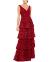 Mac Duggal Floral Applique Ruffled Tiered Sleeveless V Neck Gown In White