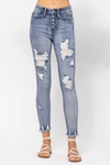 Judy Blue High-waist Button Fly Bleach Splash Destroyed Skinny Jean In Light Blue In Blue