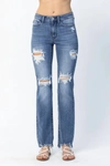 Judy Blue Marian Destroyed Straight-mid Rise Jeans In Medium Blue In Blue
