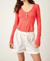 Free People Keep It Basic Bright Red Ribbed Long Sleeve Layering Henley Top