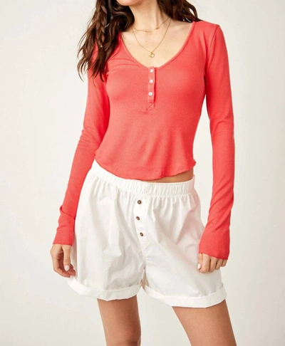 Free People Keep It Basic Bright Red Ribbed Long Sleeve Layering Henley Top
