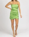 EMORY PARK SATIN STRAPLESS RUCHED MINI DRESS IN GREEN