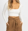 Emory Park Self Piping Knit Long Sleeve Crop In Ivory In Multi