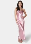 BEBE HAMMERED SATIN COWL NECK PEARL STRAP MAXI DRESS